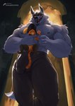 anthro arm_grab arm_tuft barazoku biceps bodily_fluids boots bottomwear bulge carrying_another cheek_tuft clothed clothing detailed_bulge doorway duo elbow_tuft erection erection_under_clothing facial_markings facial_tuft fangs footwear fur fuzzy genital_outline green_eyes grey_body grey_fur half-closed_eyes hand_held handheld head_markings head_tuft holding_another larger_male licking licking_lips licking_own_lips looking_at_another looking_at_viewer looking_down lustful_gaze male male/male markings mask_(marking) muscular muscular_anthro muscular_male narrowed_eyes nervous nervous_smile nervous_sweat nipples open_mouth open_smile orange_body orange_fur pants pawpads penis_outline red_eyes saliva saliva_string shoes shoulder_tuft size_difference smaller_male smile spread_legs spreading standing sweat tail teeth tongue tongue_out topless tuft kawaakumma dreamworks puss_in_boots_(franchise) death_(puss_in_boots) puss_in_boots_(dreamworks) canid canine canis domestic_cat felid feline felis mammal tabby_cat wolf hi_res watermark
