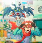 black_body black_fur claws duo eyewear feral flying fur goggles hair male mischievous_smile red_hair scarf wings yellow_eyes nuitt bandai_namco digimon digimon_story:_time_stranger demidevimon digimon_(species) human mammal hi_res