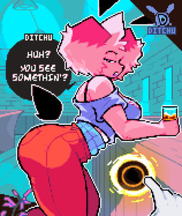 ambiguous_gender ambiguous_pov anthro bar big_breasts big_butt black_ears black_speech_bubble black_tail bottomwear breasts butt clothed clothed_anthro clothed_female clothing countershade_torso countershading duo female female_anthro first_person_view fur hair inside leaning leaning_forward logo looking_at_viewer narrowed_eyes open_mouth outline pants pink_body pink_fur pink_hair purple_clothing purple_eyes purple_mouth purple_topwear question_mark red_bottomwear red_clothing red_pants scut_tail short_tail side_view speech_bubble tail teeth text thick_thighs topwear white_body white_countershading white_fur white_outline white_sclera white_text ditchu ditchu_(ditchu) lagomorph leporid mammal rabbit 2026 artist_logo artist_name character_name digital_media_(artwork) english_text hi_res pixel_(artwork)