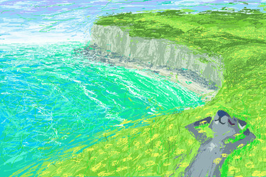 anthro blue_sky bright_colors day detailed_background flower fur grass grey_body grey_fur hill lying male on_back on_grass on_ground outside plant scenery sea shoreline sky solo water demensa canid canine canis domestic_dog mammal 2023 3:2 digital_media_(artwork) hi_res pixel_(artwork)