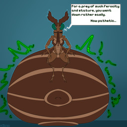 4_arms abdomen_vore antennae_(anatomy) anthro arthropod_abdomen arthropod_abdomen_vore bloated compound_eyes death digestion digestion_implied digestion_noises exoskeleton fatal fatal_vore huge_abdomen huge_abdominal_bulge inflated_belly inflation looking_at_viewer male male_anthro mandibles multi_arm multi_limb proboscis_(anatomy) robot_voice sitting sitting_on_ground solo text unusual_vore vore waismuth mythology arthropod fly_(animal) insect mosquito 1:1 absurd_res english_text hi_res