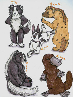 ambiguous_gender anthro bill_(anatomy) black_body black_fur black_nose brown_body brown_eyes brown_fur digitigrade feet feral fur group hands_on_own_hips lying membrane_(anatomy) on_front orange_text paws scut_tail short_tail snout standing tail text toes webbed_feet white_body white_fur tigristhelynx adventure_planet animal_alley douglas_cuddle_toys hansa yomiko_classics border_collie canid canine canis collie domestic_dog herding_dog hyena lagomorph leporid mammal mephitid monotreme pastoral_dog platypus rabbit sheepdog skunk spotted_hyena 2008 character_name handwritten_text shaded traditional_media_(artwork)