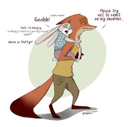 anthro barefoot blush bottomwear brown_body brown_fur buckteeth carrying_another clothed clothing dialogue dipstick_tail drunk duo ellipsis exclamation_point feet female fully_clothed fur gloves_(marking) grey_body grey_fur male markings multicolored_tail open_mouth pants piggyback shirt simple_background standing substance_intoxication tail tail_markings tank_top teeth text tongue tongue_out topwear white_background thearonaut disney zootopia judy_hopps nick_wilde canid canine fox lagomorph leporid mammal rabbit red_fox true_fox english_text