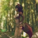 anthro black_hair blurred_background bottomwear breasts brown_body brown_fur brown_hair clothed clothing day female fluffy fluffy_tail fur hair hand_on_hip navel outside pants smile solo standing tail jingx1 canid canine mammal 1:1 2016 hi_res