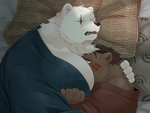 anthro barazoku bed blush bodily_fluids brown_body brown_fur clothing detailed_background duo fur furniture hug kemono male male/male moobs pillow robe scar sleeping sweat white_body white_fur kumao sdorica crushfang_(sdorica_sunset) dagger_(sdorica_sunset) bear mammal polar_bear ursine 2020 4:3 hi_res