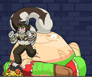 >///< abs anthro barefoot belly belly_tattoo big_belly blush blushing_profusely bulging_breasts cell_tail clenched_teeth dominant draining duo energy_drain feet foot_fetish foot_on_belly foot_on_face glistening glistening_body glistening_skin glowing glowing_face hair life_drain long_ears long_hair lying male male/male muscular muscular_anthro muscular_dom muscular_male obese on_back overweight overweight_anthro overweight_male overweight_sub paws standing tattoo teeth tube_bulge anzeray tribal_hunter bartleby munch_(tribal_hunter) lizard reptile scalie animated digital_media_(artwork) pixel_(artwork)