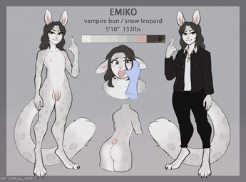 anthro balls bicolored_tail big_ears blush brown_eyes brown_hair butt claws clothed clothing collared_shirt cross cross_section digitigrade ears_down ears_up eyebrow_through_hair eyebrows fangs feet flaccid fluffy fluffy_tail foreskin fur genitals gesture hair hand_gesture humanoid_genitalia humanoid_penis jewelry long_hair looking_at_viewer male measurements middle_finger mouth_play multicolored_body multicolored_fur navel necklace nipples nude open_mouth penis pivoted_ears shirt simple_background smile smirk solo spots standing sweater tail teeth text toe_claws toes tongue tongue_out topwear translucent translucent_hair two_tone_body two_tone_fur brinstar emiko_(bludii) felid hybrid lagomorph leporid mammal pantherine rabbit snow_leopard 2021 absurd_res digital_media_(artwork) english_text hi_res model_sheet signature