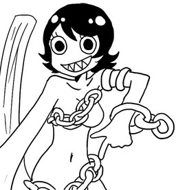 black_hair chain female hair looking_at_viewer not_furry solo unknown_artist mario_bros nintendo chain_chomp humanoid monochrome source_request