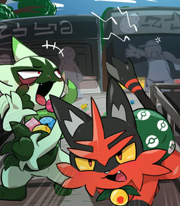 ambiguous_gender anthro berry black_body black_ears black_fur black_tail cute_fangs duo_focus fangs feral food fruit fur green_body green_ears green_fur group open_mouth pink_nose plant red_body red_eyes red_fur tail teeth tongue tongue_out yellow_sclera letaslettuce nintendo pokemon felid feline floragato generation_7_pokemon generation_9_pokemon human mammal pokemon_(species) torracat 2025 hi_res