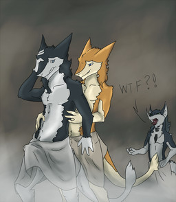 anthro bath bathhouse clothed clothing erection erection_under_clothing fur group male male/male pitched_tent question_mark sauna shy simple_background steam tail text topless towel towel_only trio what aspeel flatrian mammal sergal