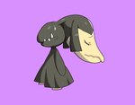 black_arms black_body black_head bodily_fluids eyelashes eyes_closed purple_background side_view simple_background solo sweat sweatdrop teeth what drunk_oak nintendo pokemon generation_3_pokemon mawile pokemon_(species) 2022 full-length_portrait hi_res portrait