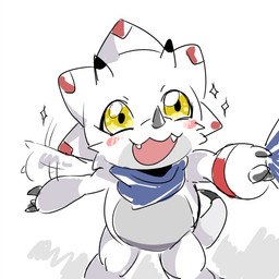 ambiguous_gender anthro blush chibi claws facial_horn gesture horn kerchief male nose_horn open_mouth pulling_on_clothes simple_background solo waving white_background white_body yellow_eyes kcyan12 bandai_namco digimon digimon_ghost_game ceratopsian digimon_(species) dinosaur gammamon ornithischian prehistoric_species reptile scalie