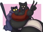 3_toes 5_fingers anthro barefoot belly big_belly big_breasts black_body black_eyes black_fur black_hair blush bottomwear breasts cleavage clothed clothing duo eyebrows feet female fingers fur gesture hair hoodie huge_thighs larger_female looking_at_viewer male male/female open_mouth overweight overweight_anthro overweight_female pants purple_bottomwear purple_clothing purple_hoodie purple_pants purple_topwear red_clothing red_shirt red_topwear shirt shorts size_difference smaller_male standing tan_bottomwear tan_clothing tan_shorts thick_eyebrows thick_thighs toes topwear wide_hips yellow_eyes yellow_sclera dewwydarts allyson_(dewwydarts) domestic_cat felid feline felis mammal 2023 hi_res