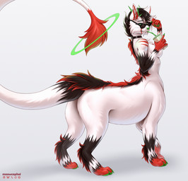 accessory black_body black_fur drinking eyewear female fur furgonomics green_eyes long_tail looking_at_viewer looking_back red_body red_fur solo sunglasses tail tail_accessory white_body white_fur conditional_dnp meowcephei felid feline mammal taur 2026 hi_res