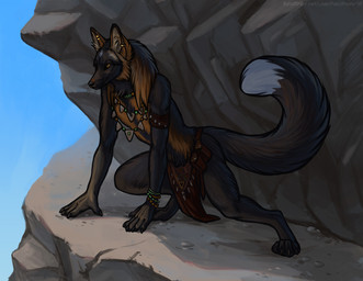 anthro barefoot black_body black_fur black_nose black_tail blue_sky bottomwear clothed clothing day digitigrade dipstick_tail ear_piercing ear_ring feet fur jewelry loincloth male male_anthro markings mouth_closed necklace orange_body orange_fur piercing ring_piercing rock sky solo tail tail_markings topless white_tail heatherwolf canid canine mammal