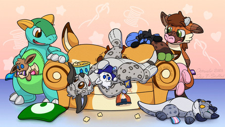 ambiguous_gender anthro asexual_pride_colors blue_eyes bow_tie brown_body brown_eyes feral food green_eyes group inanimate_transformation leopard_spots lgbt_pride living_chair looking_at_another multicolored_body open_mouth orange_ears pillow pink_nose plushie plushie_tag popcorn popcorn_bag popcorn_bucket pride_colors reflective_floor spots stitch_(sewing) tail tail_mouth teats transformation transgender_pride_colors turquoise_body two_tone_body udders unusual_anatomy unusual_tail crizbn nintendo pokemon chris_(crizbn) animate_inanimate arctic_wolf bovid bovine canid canine canis cattle eevee felid generation_1_pokemon kangaroo kangaskhan living_plushie macropod mammal marsupial pantherine pokemon_(species) snow_leopard wolf 2025 hi_res shaded male_(lore)