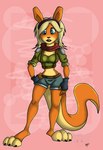 abstract_background accessory anthro blonde_hair blue_eyes clothing female fingerless_gloves fur gloves hair hair_accessory hairband handwear orange_body orange_fur paws semi-anthro solo ratchetjak jak_and_daxter naughty_dog sony_corporation sony_interactive_entertainment tess_(jak_and_daxter) mammal mustelid ottsel digital_media_(artwork) hi_res