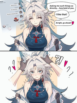 blue_eyes blush breasts clothing ear_grab emanata eyebrows eyelashes eyes_closed female hair hands_on_ears inner_ear_fluff interrobang jewelry long_hair necklace ponytail solo text tuft white_hair distrbeachboy honkai:_star_rail mihoyo feixiao_(honkai:_star_rail) animal_humanoid canid canid_humanoid canine canine_humanoid fox_humanoid humanoid mammal mammal_humanoid 2026 3:4 english_text hi_res