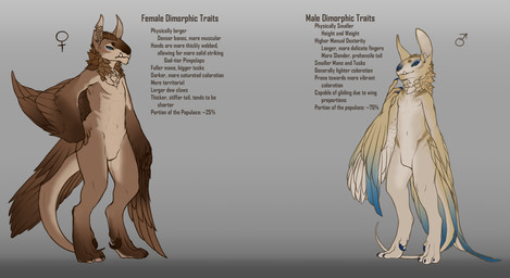anthro bedroom_eyes blue_eyes dewclaw duo feathers featureless_crotch female green_eyes grumpy half-closed_eyes larger_female looking_at_viewer male mane narrowed_eyes seductive size_difference smaller_male standing text tusks wrigglingwyvern ignaelesce_s01p caribeld chimera hybrid 2018 detailed digital_media_(artwork) english_text hi_res model_sheet
