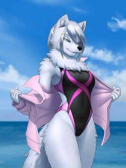 5_fingers anthro backless_swimsuit bedroom_eyes clothed clothing cloud confident female fingers fur highleg jacket korps_insignia legs_together lidded_eyes narrowed_eyes one-piece_swimsuit open_clothing open_jacket open_topwear sea seductive sky slim solo sport_swimsuit standing summer swimwear teeth topwear undressing water white_body white_fur mykegreywolf arctic_fox canid canine fox mammal true_fox 2023 3:4 absurd_res digital_media_(artwork) hi_res