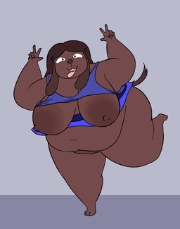 3_toes anthro areola belly big_areola big_breasts bottomless bottomless_anthro bottomless_female breasts brown_body brown_fur clothed clothing double_v_sign exposed_breasts feet female fur genitals gesture hand_gesture huge_areola looking_at_viewer nipples obese obese_anthro obese_female open_mouth open_smile overweight overweight_anthro overweight_female smile solo thick_thighs toes tongue tongue_out v_sign vulva oxkingky dorothy_b_hound canid canine canis domestic_dog mammal 2026