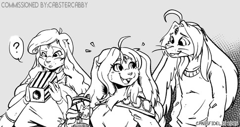 anthro beverage beverage_can big_breasts biped breasts buckteeth can clothed clothing container eyebrows female floppy_ears forehead_gem gem group hair holding_beverage holding_can holding_container holding_object long_ears long_hair looking_at_another looking_at_object male mature_female open_mouth open_smile question_mark simple_background small_breasts smile standing sweater teeth tongue topwear trio whiskers canisfidelis ilkea_(cabstercabby) yuki_(cabstercabby) domestic_cat felid feline felis hybrid lagomorph leporid mammal rabbit 2025 hi_res monochrome brother_(lore) brother_and_sister_(lore) daughter_(lore) mother_(lore) mother_and_child_(lore) mother_and_daughter_(lore) parent_(lore) parent_and_child_(lore) parent_and_daughter_(lore) sibling_(lore) sister_(lore)