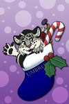 4_fingers anthro blazepanda candy candy_cane cheek_tuft christmas_stocking claws cute_fangs dessert facial_tuft fangs fingers food fur gradient_background green_eyes grey_body grey_fur hair holidays holly_(plant) inner_ear_fluff looking_at_viewer male markings nail open_mouth open_smile pawpads plant simple_background smile solo spots spotted_body spotted_fur teeth text tuft bloopanda christmas umbrose felid mammal pantherine snow_leopard 2:3 character_name hi_res