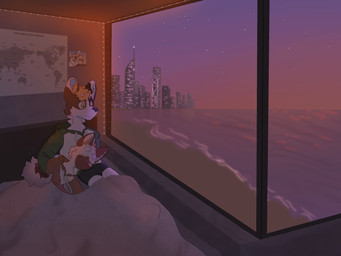 anthro beach bed bedding bedroom black_clothing black_underwear blanket blonde_hair brown_body brown_fur bulge city city_background cityscape clothing duo eyes_closed fur furniture green_clothing green_eyes green_hoodie green_topwear hair hoodie hug leaning leaning_on_another led_light lying_on_another male male/male morning night sea side_hug sitting sleeping sleeping_on_partner star tail tan_body tan_fur text topwear underwear water white_body white_fur window miloarts milo_kim richard_lim canid canine canis domestic_cat domestic_dog felid feline felis mammal 4:3 english_text hi_res