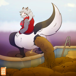 anthro anus bodily_fluids bottomless breasts clothed clothing crouching excessive_feces feces feces_pile female female_peeing female_pooping genital_fluids hyper hyper_feces legwear looking_back peeing pooping raised_tail scatplay solo stink_fumes stink_lines swimming_pool tail thick_thighs topwear urine urine_stream watersports jooper hellaverse helluva_boss loona_(helluva_boss) canid canine canis mammal wolf 1:1 hi_res