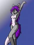 anthro breasts female fur grey_body grey_fur hair navel nipples nude purple_eyes purple_hair solo stretching thelordoflemonz dreamkeepers the_wayward_astronomer miri_rodgers canid canine fox mammal 2017 absurd_res hi_res