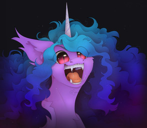 blue_hair bodily_fluids ear_tuft fangs female feral fur hair horn messy_hair open_mouth open_smile purple_body purple_fur quadruped red_eyes saliva smile solo teeth tongue tuft superduperath hasbro mlp_g5 my_little_pony mythology izzy_moonbow_(mlp) equid equine mammal mythological_creature mythological_equine unicorn vampire
