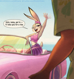 afterimage ambiguous_gender anthro bottomwear car clothing convertible crop_top dialogue dipstick_ears duo ear_markings faceless_ambiguous faceless_character female female_focus flirting gesture legwear midriff multicolored_ears navel pants pattern_bottomwear pattern_clothing pattern_legwear pink_clothing pink_shirt pink_topwear ponytail_ears shirt sitting_on_car solo_focus striped_bottomwear striped_clothing striped_legwear stripes talking_to_another text text_on_clothing thick_thighs tight_bottomwear tight_clothing topwear vehicle waving yoga_pants khiaradraws disney zootopia judy_hopps nick_wilde canid canine european_rabbit fox lagomorph leporid mammal oryctolagus rabbit red_fox true_fox digital_media_(artwork) english_text hi_res url male_(lore)