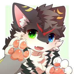 4_fingers anthro biped black_body black_fur black_nose blue_eyes blush blush_lines border chest_tuft fangs fingers fur gesture green_background green_eyes heterochromia inner_ear_fluff kemono looking_at_viewer male markings multicolored_body multicolored_fur neck_tuft open_mouth open_smile pawpads paws pink_pawpads red_markings simple_background smile smiling_at_viewer solo teeth tuft waving waving_at_viewer white_body white_border white_fur yellow_markings hlg7777 canid canine canis domestic_dog mammal 1:1 2026 bust_portrait cel_shading digital_drawing_(artwork) digital_media_(artwork) hi_res portrait shaded
