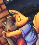 anthro black_body black_fur blush city duo fur kissing male male/male night yellow_body yellow_fur roarey_raccoon kaiketsu_zorori prince_arthur_(kaiketsu_zorori) zorori canid canine felid fox mammal pantherine hi_res