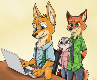 4_fingers accessory anthro beverage blue_eyes blush computer electronics female fingers fur green_eyes grey_body grey_fur group juice_(beverage) male necktie orange_body orange_fur orange_juice purple_eyes ziegelzeig bad_guy_cafe disney zootopia cimar judy_hopps nick_wilde canid canine fox kangaroo lagomorph leporid macropod mammal marsupial rabbit red_fox true_fox hi_res