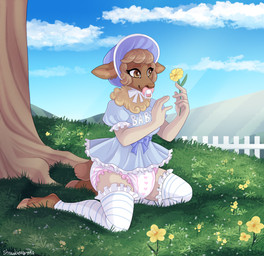 alternative_fashion anthro blue_clothing blue_dress bonnet classic_lolita clothing diaper diaper_fetish dress female fence flower footwear frilly grass headgear headwear j-fashion kneeling legwear lolita_(fashion) object_in_mouth outside pacifier pacifier_in_mouth pattern_clothing pattern_footwear pattern_legwear pattern_socks picket_fence pink_diaper plant puffy_sleeves sky socks solo striped_clothing striped_footwear striped_socks stripes tree white_clothing white_diaper white_fence white_footwear white_socks minettefraise bovid caprine mammal sheep hi_res