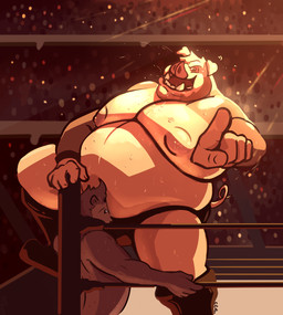 anthro belly big_belly big_moobs black_boots black_bottomwear black_clothing black_footwear bodily_fluids boots bottomwear brown_body brown_fur clothed clothing duo fighting_ring floppy_ears footwear fur head_tuft huge_belly huge_moobs inside looking_at_viewer male moobs nipples obese obese_anthro obese_male open_mouth open_smile overweight overweight_anthro overweight_male pink_body pink_skin shoes smile standing sweat sweaty_belly sweaty_legs sweaty_moobs topless tuft chocolateandmilk domestic_pig mammal mustelid otter suid suine sus_(pig) hi_res