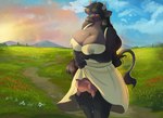 anthro big_breasts black_body black_fur black_hair blush bodily_fluids breasts breasts_and_teats clothed clothing detailed_background dress female fur grass hair horn huge_breasts lactating lactating_through_clothing landscape meadow milk nipple_outline outside plant sky solo standing sunset tail tail_tuft teats tuft udders wet wet_clothing ardail bovid bovine cattle mammal absurd_res hi_res