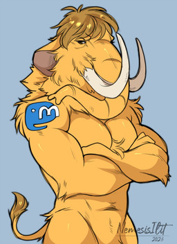anthro blue_background brown_eyes brown_hair fur hair male proboscis_(anatomy) simple_background solo trunk_(anatomy) tusks yellow_body yellow_fur nemesisilit mastodon_(social_media) john_(mastodon) mammal mastodon prehistoric_species proboscidean half-length_portrait hi_res portrait
