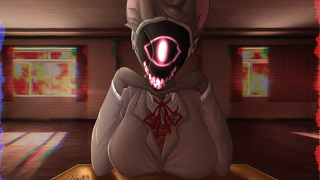 anthro big_breasts breasts classroom clothed clothing creepy_smile eye_symbol female fluffy fur glitch glowing glowing_eyes glowing_face hair horror_(theme) inside looking_at_viewer machine protogen_face protogen_visor school school_uniform screen screen_face smile smiling_at_viewer solo stare symbol teeth text tuft uniform draik soultheprotogen doki_doki_literature_club! team_salvato monika_(doki_doki_literature_club!) soul_(soultheprotogen) protogen absurd_res colored digital_drawing_(artwork) digital_media_(artwork) english_text hi_res shaded