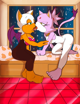 anthro barefoot bodily_fluids clothing duo feet female female/female forehead_gem french_kissing fur gem green_eyes hair inside kissing orange_body orange_skin purple_body purple_fur purple_hair raining red_tongue saliva saliva_on_tongue sloppy_kiss tight_clothing tongue tongue_out white_hair window yellow_eyes hermanworks sega sonic_the_hedgehog_(series) blaze_the_cat rouge_the_bat bat domestic_cat felid feline felis mammal absurd_res comic digital_drawing_(artwork) digital_media_(artwork) hi_res