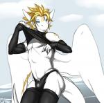 anthro armwear athletic athletic_anthro athletic_male blonde_hair blue_eyes bulge clothing feathered_wings feathers hair half-closed_eyes legwear male narrowed_eyes nipples non-mammal_nipples simple_background smile solo tail thigh_highs tight_clothing wings cerezo mythology siegfried angel_dragon dragon feathered_dragon feathered_scalie mythological_creature mythological_scalie scalie