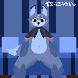 anthro bedroom blue_background blush clothed clothing ears_up eyelashes female flat_chested front_view frown fur fuzzy genitals grey_body grey_fur half-closed_eyes hands_on_legs looking_down markings moon_(marking) mostly_nude mostly_nude_anthro mostly_nude_female narrowed_eyes navel shy simple_background sitting solo spread_legs spreading tail vulva tzazaero blushcrunch_studio dandy's_world mythology roblox eclipse_(dandy's_world) canid canine canis mammal mythological_canine mythological_creature toon_(dandy's_world) werecanid werecanine werecreature werewolf wolf 1:1 absurd_res hi_res signature