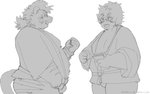 anthro asian_clothing belly blush clothing duo east_asian_clothing fundoshi happi_(clothing) japanese_clothing kemono male overweight overweight_male simple_background underwear white_background moujya lifewonders tokyo_afterschool_summoners licho_(tas) felid human mammal pantherine tiger 16:10 2020 hi_res monochrome widescreen