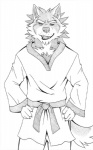 anthro belt chest_tuft claws clothing countershading fangs fur looking_at_viewer male martial_arts open_mouth open_smile simple_background smile solo teeth tuft uniform white_background aluminemsiren orion_(aluminemsiren) canid canine canis mammal wolf greyscale monochrome