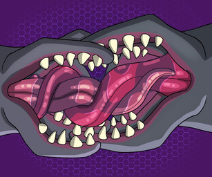 ambiguous_gender anthro bodily_fluids duo french_kissing grey_body hexagon_background hexagonal_grid kissing long_tongue low-angle_view mandibles saliva saliva_on_tongue sharp_teeth simple_background teeth tongue tongue_on_tongue tongue_wrap worm's-eye_view noodlybat halo_(series) microsoft xbox_game_studios alien sangheili 6:5 animated colored