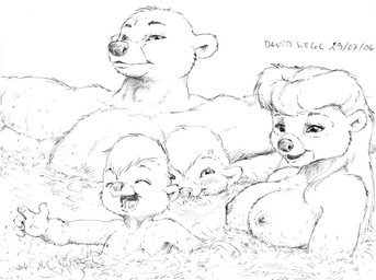 anthro bath breasts female group male nipples nude skinny_dipping swimming_pool water young young_anthro asthexiancal disney talespin the_jungle_book baloo kit_cloudkicker molly_cunningham rebecca_cunningham bear mammal sloth_bear ursine 2006 black_and_white monochrome