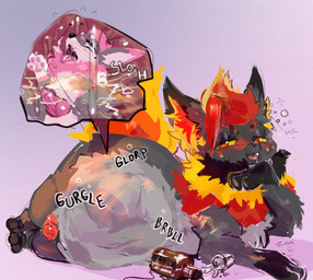 abdominal_bulge alcohol alcohol_bottle animal_genitalia animal_penis beverage beverage_bottle bodily_fluids bottle bubble canine_genitalia canine_penis container drunk drunk_bubble genitals gurgle_(sound_effect) inside_stomach kregy male male_pred organs penis rumbling_stomach stomach stomach_acid substance_intoxication vore zanthu nintendo pokemon lohvi_(lohviata) eeveelution flareon generation_1_pokemon pokemon_(species) hi_res