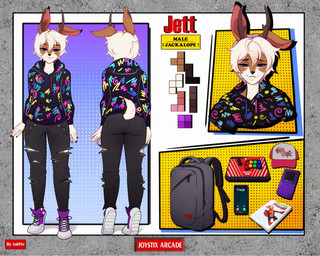 anthro antlers arcade clothed clothed_male clothing femboy hair horn male nerd solo white_hair adeptus_furaffinitus tofffe jett_hopscotch jackalope lagomorph mammal hi_res model_sheet