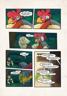 anthro beak belly clothed clothing dialogue duo exposed_belly eye_contact looking_at_another male male/male smile text zaryuzu_73 nintendo pokemon fern_(zaryuzu_73) avian bird chicken galliform generation_2_pokemon phasianid pokemon_(species) typhlosion comic digital_media_(artwork) english_text hi_res
